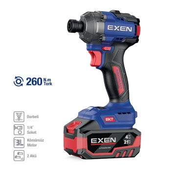 Exen En 264 Vd 21 V. 4 Ah. 260 Nm. Kömürsüz Darbeli Şarjlı Vidalama