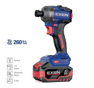 Exen En 264 Vd 21 V. 4 Ah. 260 Nm. Kömürsüz Darbeli Şarjlı Vidalama